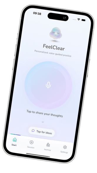 FeelClear mobile app preview showing the Record your mood screen on a tilted phone
