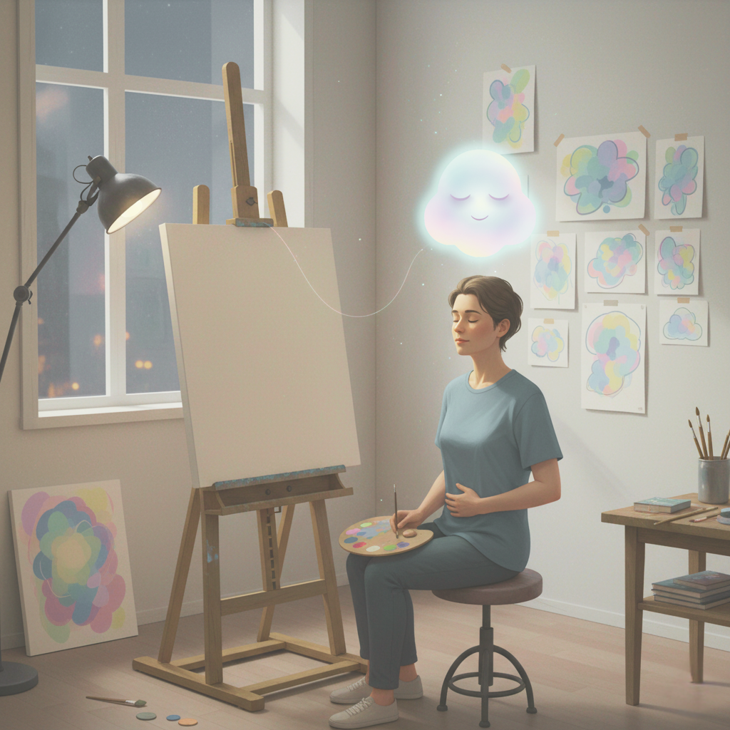 Artist in a studio taking a calming breath, guided by the FeelClear cloud icon