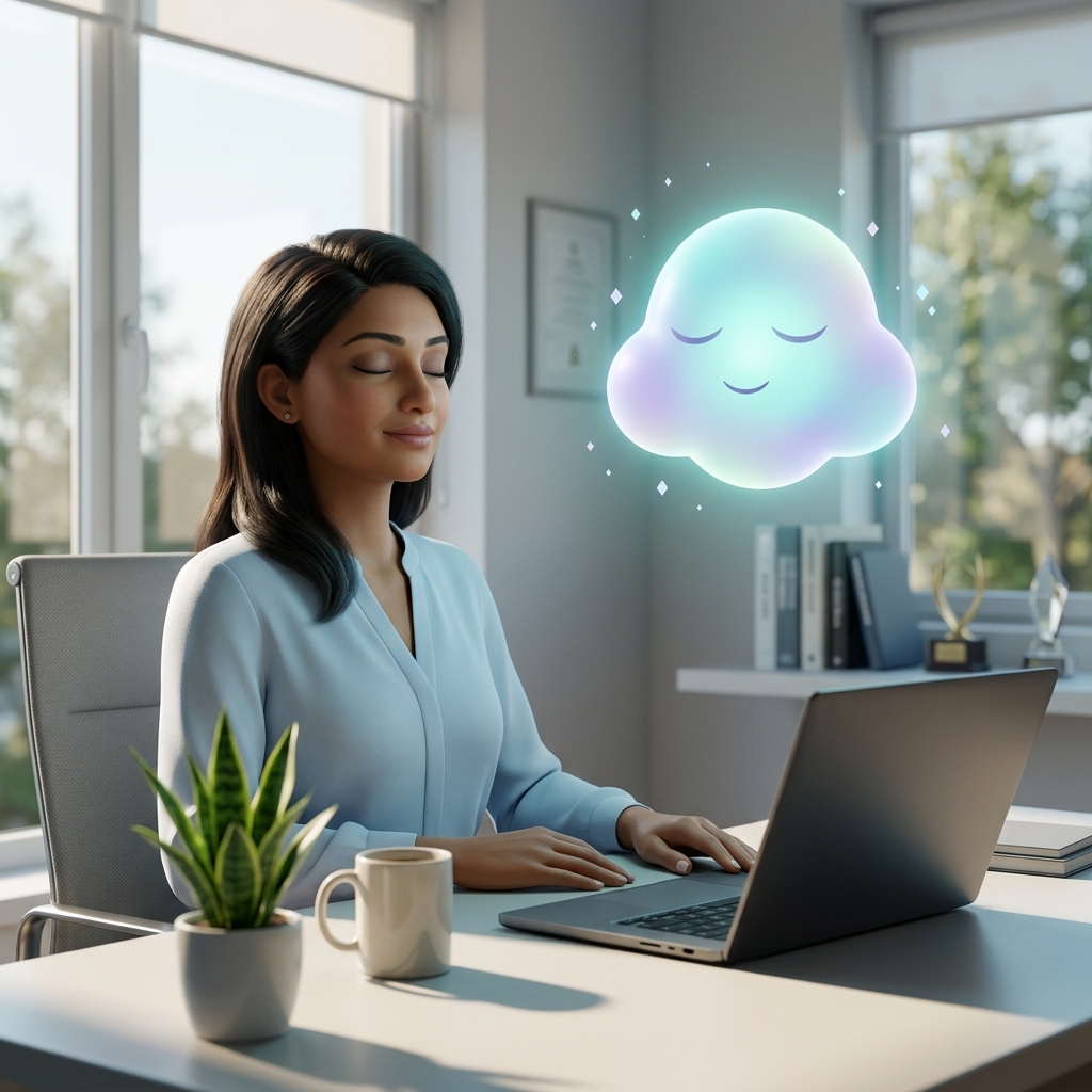 A female professional sitting calmly at her desk with eyes closed before a video call, guided by the FeelClear cloud mascot.