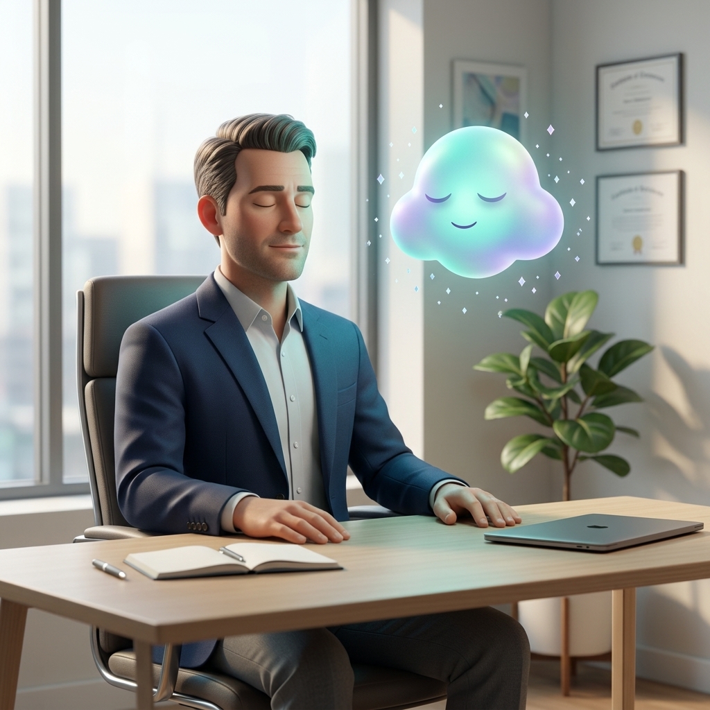 A male executive at his desk with eyes closed, finding quick focus through box breathing, accompanied by the glowing FeelClear Nimbus mascot.