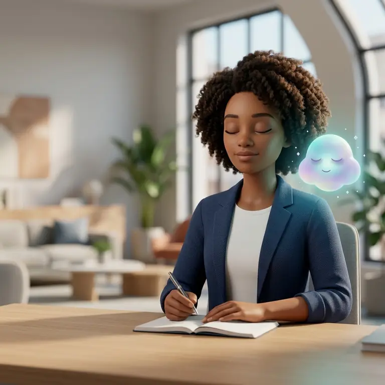 A composed professional sitting at a bright office desk holding a pen, taking a mindful breath alongside a gently glowing Nimbus mascot.