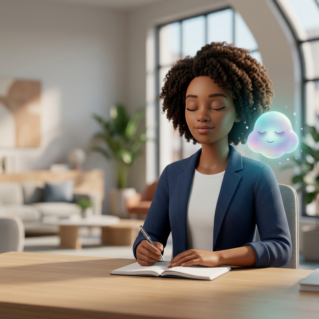A composed professional sitting at a bright office desk holding a pen, taking a mindful breath alongside a gently glowing Nimbus mascot.