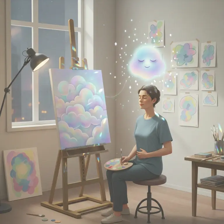 An East Asian male professional sitting gracefully at his desk in an open-plan office, practicing a breathing exercise with the glowing FeelClear Nimbus mascot hovering nearby.