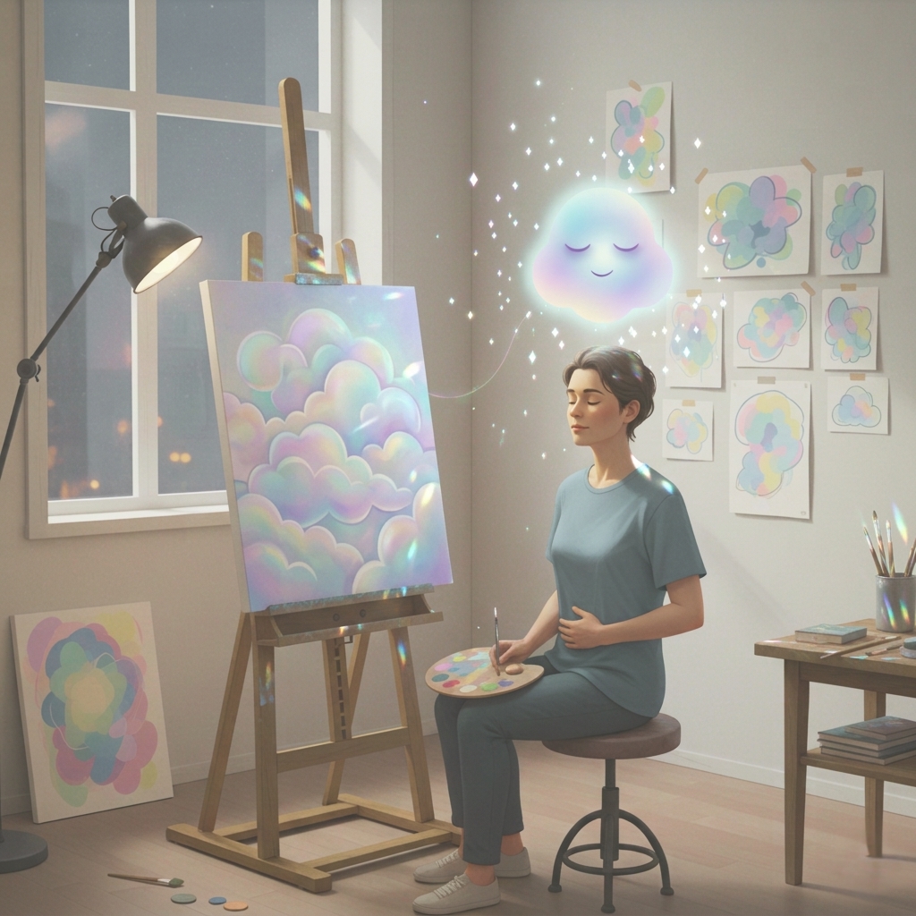 An East Asian male professional sitting gracefully at his desk in an open-plan office, practicing a breathing exercise with the glowing FeelClear Nimbus mascot hovering nearby.