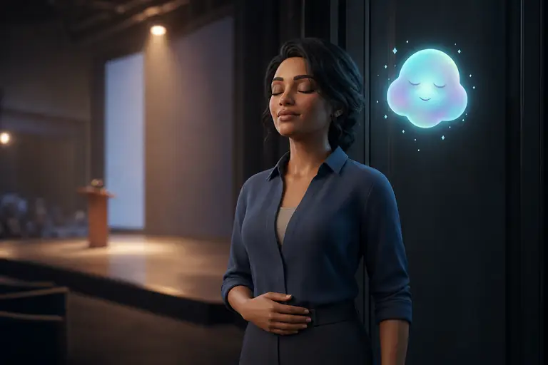 A professional standing calmly backstage before a presentation, eyes closed, breathing slowly, with a soft glowing Nimbus companion floating nearby.