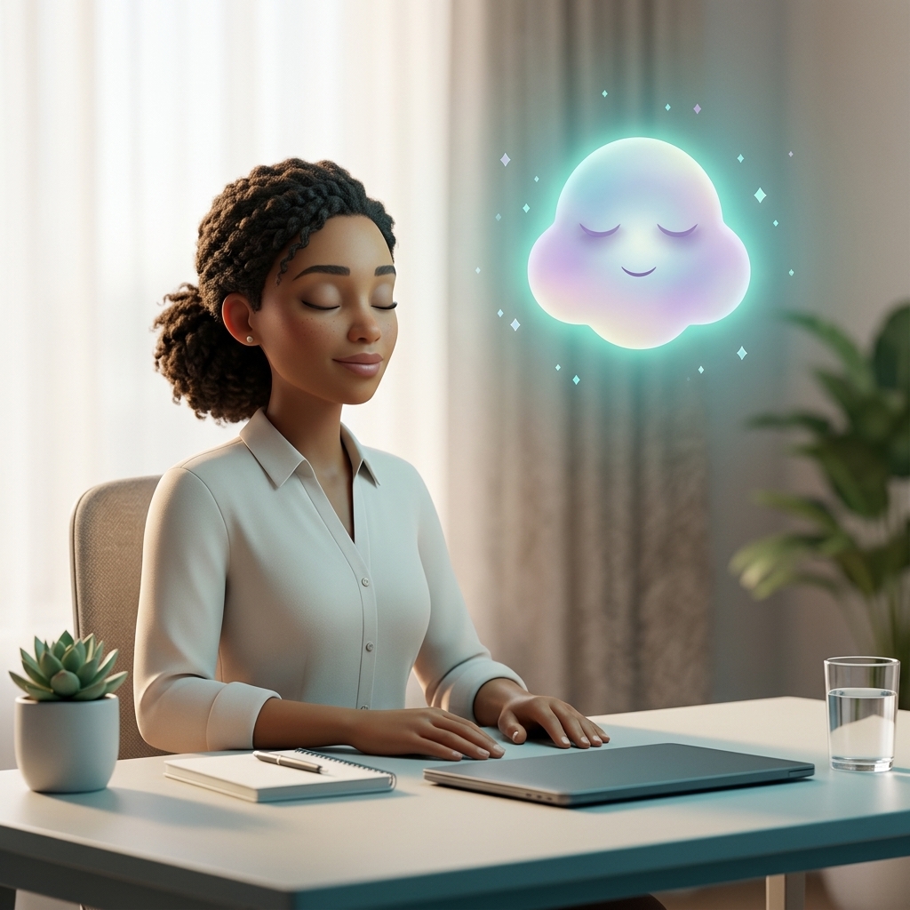 A professional sitting at a clean desk with eyes closed in a moment of deep focus, while a cool teal Nimbus character hovers attentively nearby.