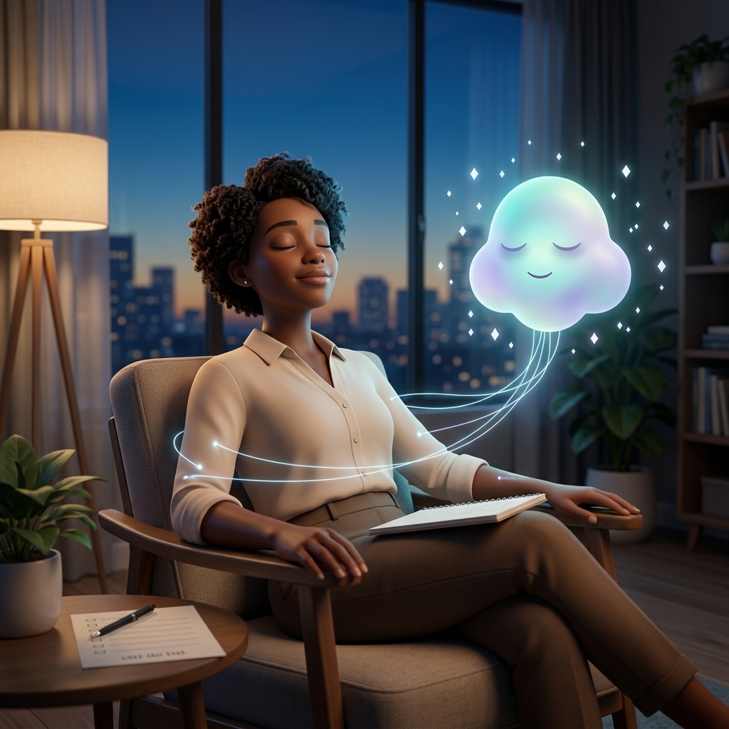 A professional sitting in a comfortable chair in an evening apartment setting, closing their eyes to wind down while a warm, glowing Nimbus companion floats softly nearby.