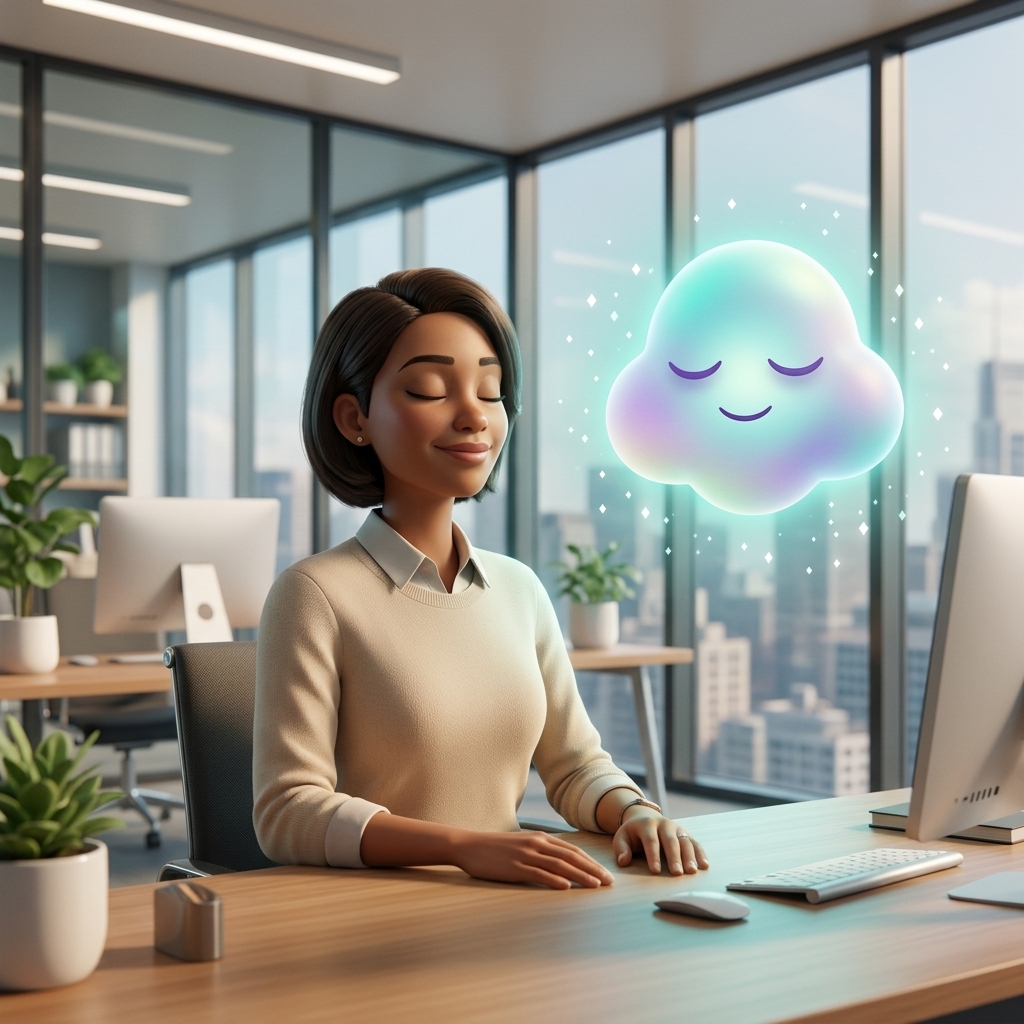 A sharply dressed professional sitting at a desk with eyes closed in a moment of clarity, accompanied by a bright, steady-glowing Nimbus mascot.