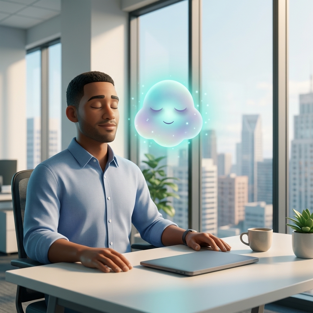 A professional practicing breathing techniques at their desk before a meeting