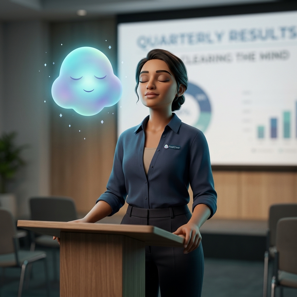 A professional standing confidently with eyes closed in a conference room, preparing to present while a reassuring, glowing Nimbus companion floats near their shoulder.