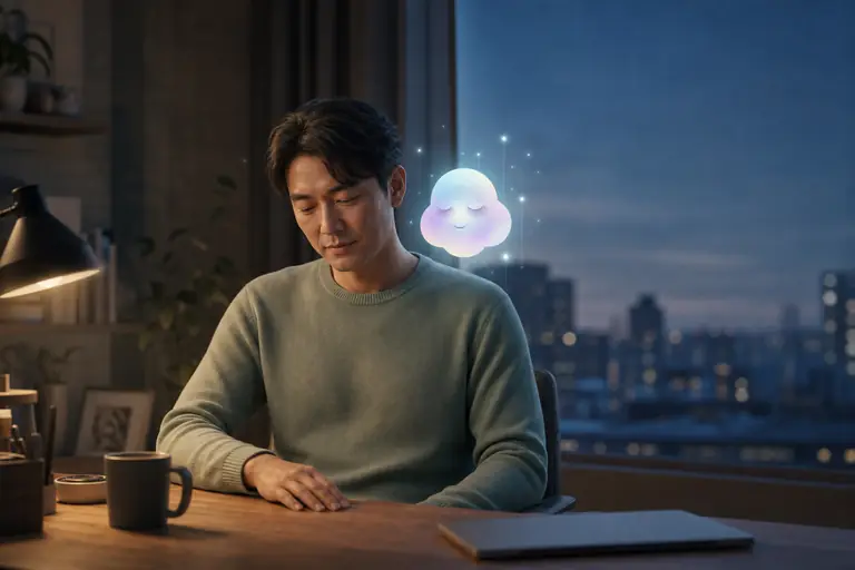 A professional pausing at his desk at the end of the workday with the softly glowing Nimbus companion nearby.