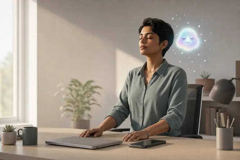 A professional practicing the physiological sigh at their desk, with a calm and mindful expression