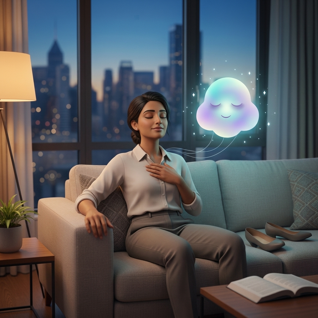A 35 year old South Asian professional sitting calmly on a living room couch during evening light with a glowing Nimbus cloud companion floating nearby.