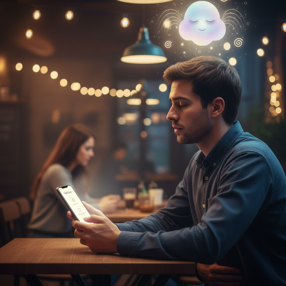 Couple leaning in across a softly lit table on a first date